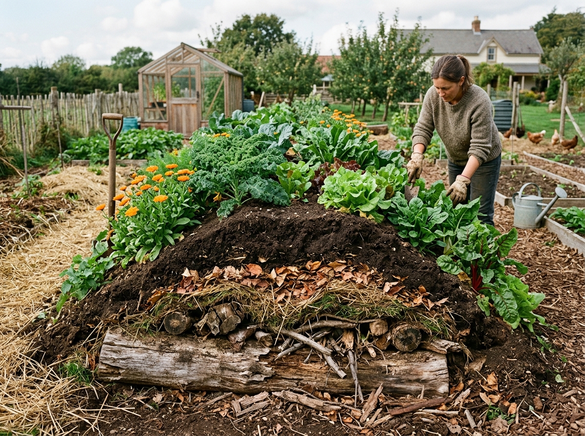 Hugelkultur raised mound garden bed with decaying hardwood logs, turf layer, leaves, rich soil, and gardener tending leafy vegetables
