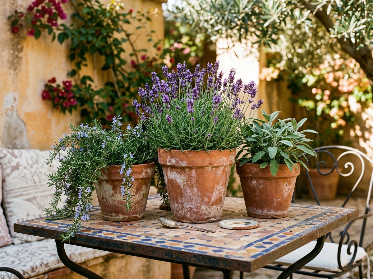 Trio of aged terracotta pots with flowering English lavender, rosemary, and sage on mosaic table