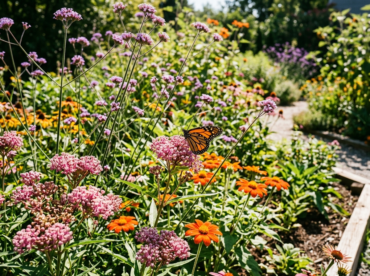 Butterfly highway garden in full sun with tall purple verbena bonariensis, pink swamp milkweed, orange tithonia, and monarch
