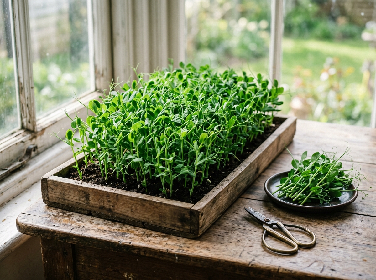Dense wooden seed tray carpeted with emerald pea shoots and curling tendrils on sunny wooden table with scissors