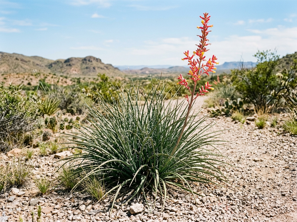 Red Yucca Hesperaloe parviflora with slender arching blue-green succulent leaves and tall coral-pink tubular flower spike in desert landscape