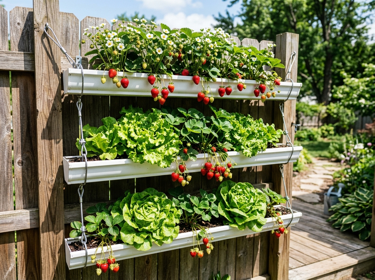 Tiered hanging rain gutter garden suspended by steel cables on sunny fence planted with everbearing strawberries and ruffled butterhead lettuce