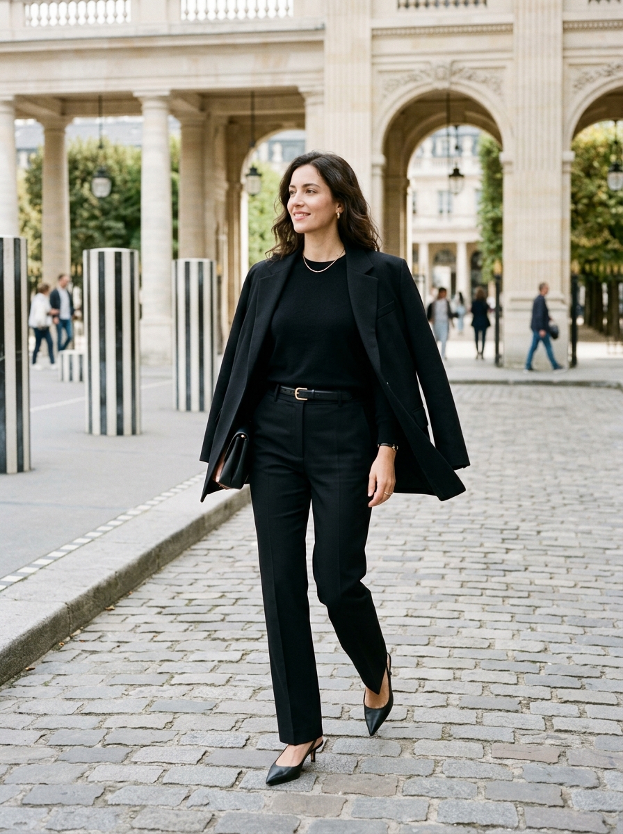 Parisian chic monochrome all black outfit with black crewneck knit, tailored black trousers, draped black blazer, and subtle gold buckle