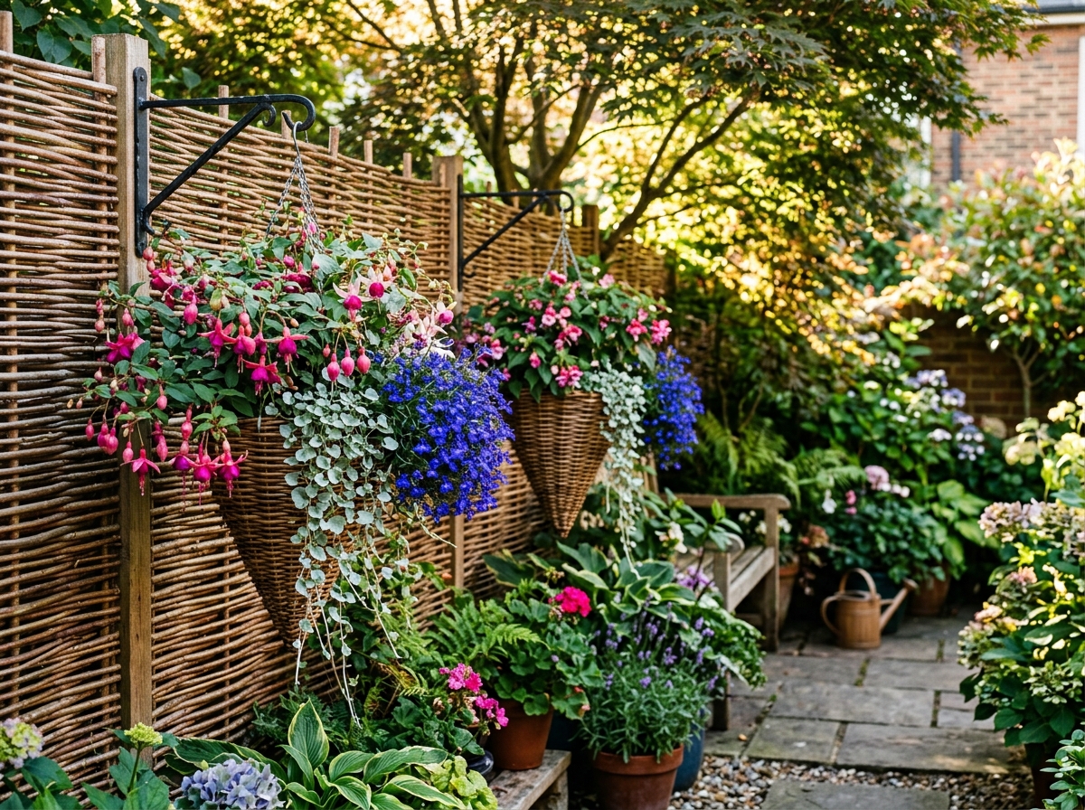 Natural woven willow screen with conical wicker hanging baskets overflowing with drooping magenta fuchsias, silver dichondra, and blue lobelia