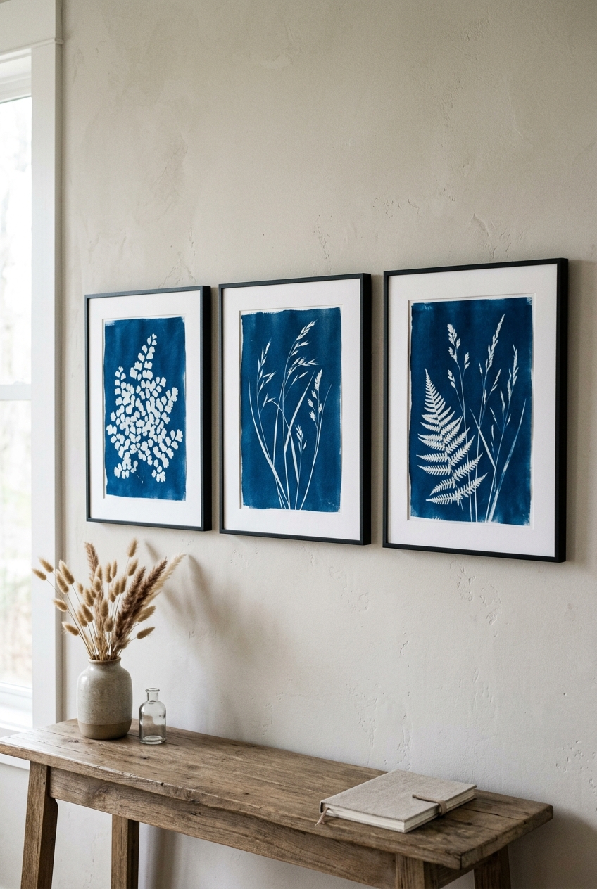 Three botanical cyanotype sun-prints in Prussian blue with crisp white silhouettes of pressed fern leaves in slim black frames