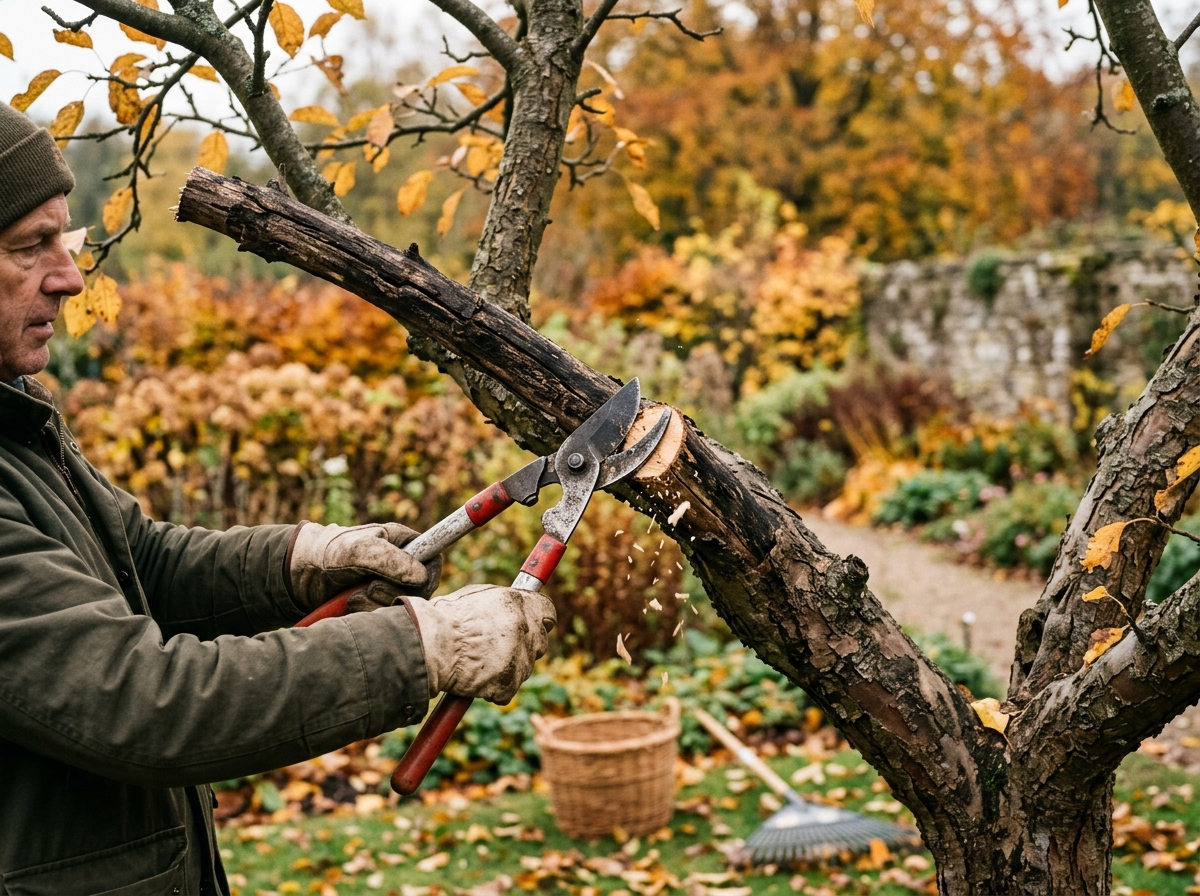 Gardener cutting a dead fractured branch just outside the branch collar of a deciduous tree with loppers