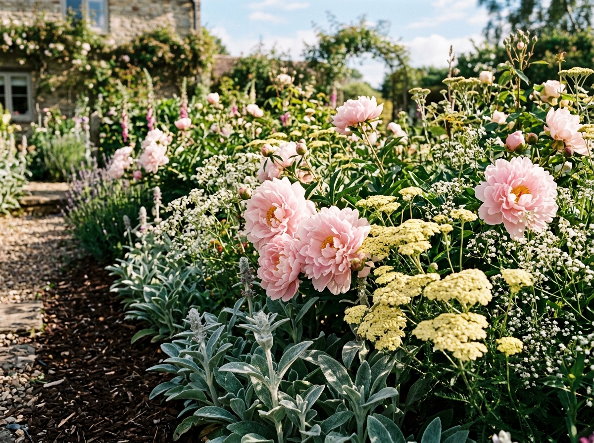 Soft pastel romantic flower border in full sun with pink Sarah Bernhardt peonies, yellow yarrow, silver lamb's ear, and baby's breath
