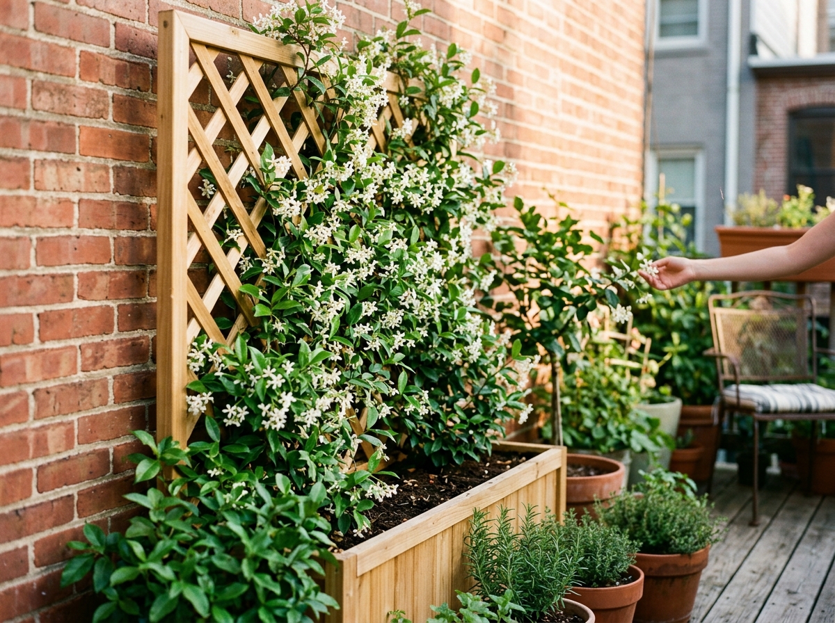 Vertical cedar planter box with diamond trellis covered in fragrant white star jasmine blossoms