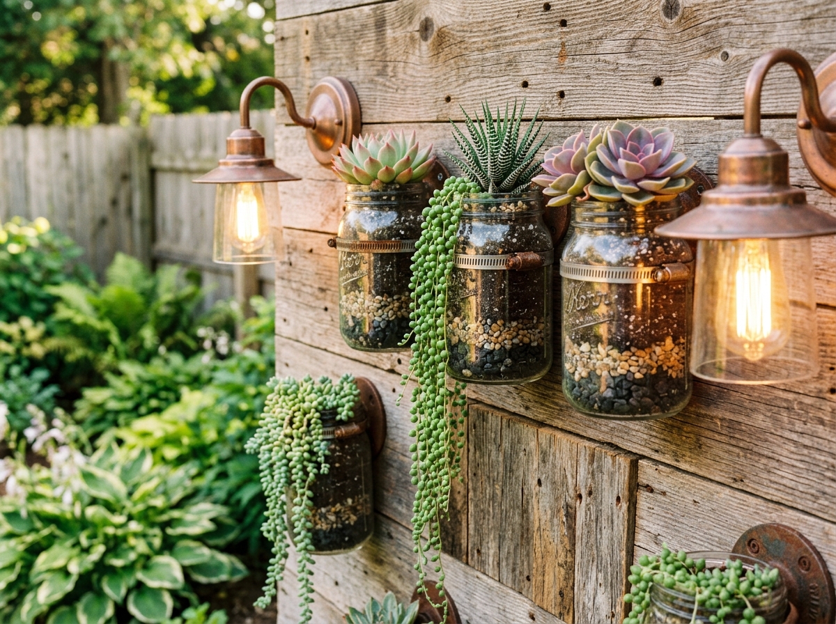 Reclaimed barnwood wall planks with galvanized pipe clamps holding glass mason jars and copper sconces planted with succulent rosettes and string of pearls