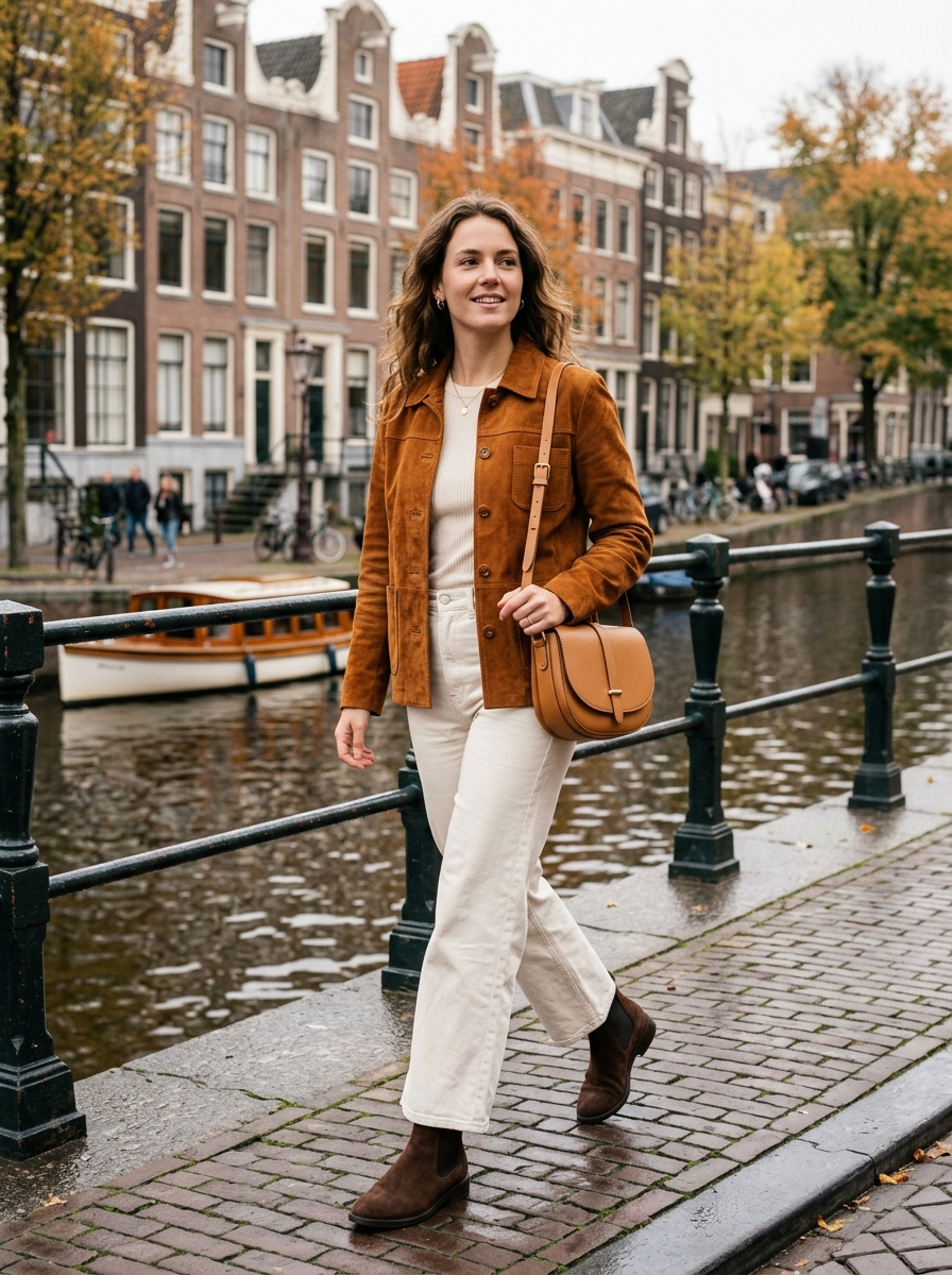 Amsterdam street style in rich caramel suede jacket, cream ribbed top, high-waisted wide-leg ivory denim, and chocolate suede boots