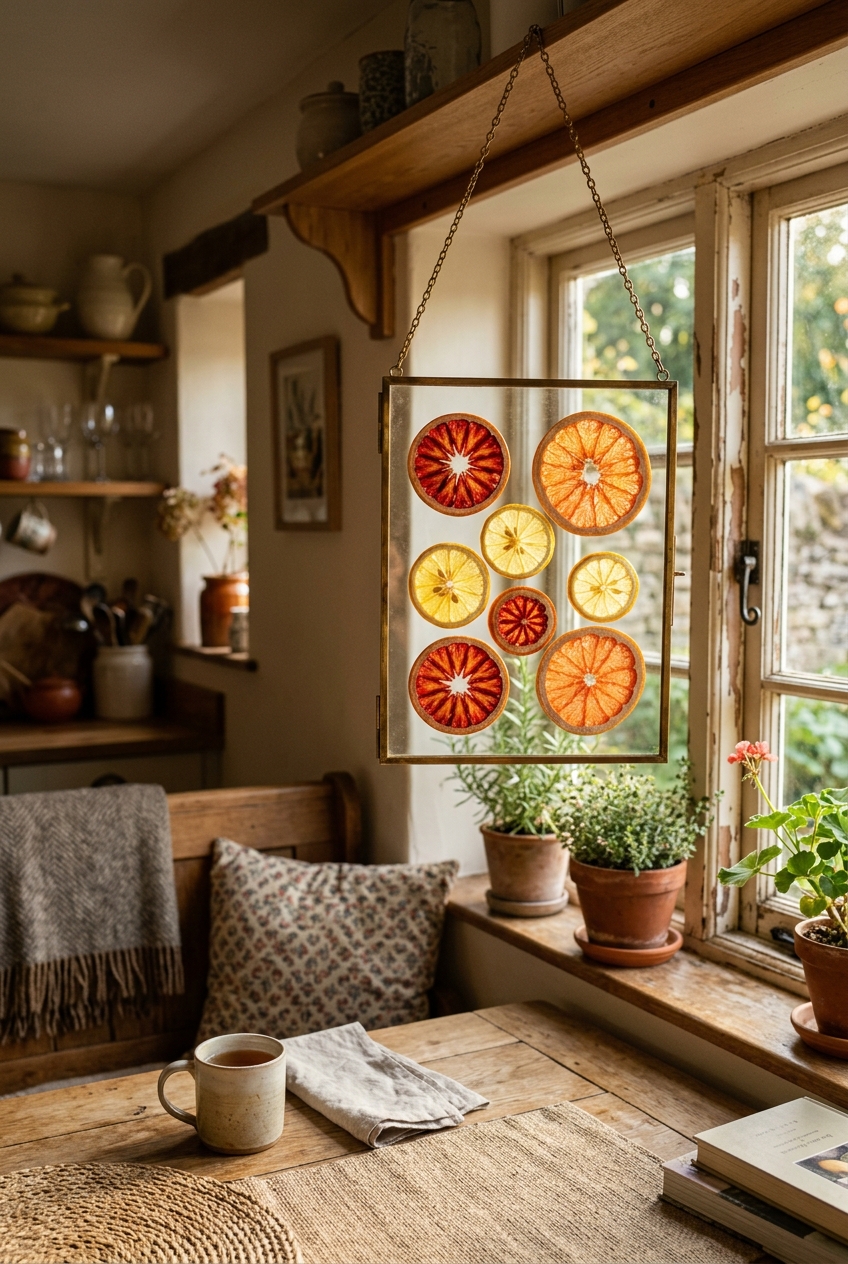 Brass floating glass frame in a sunlit breakfast nook with translucent dehydrated wheels of blood orange, lemon, and grapefruit