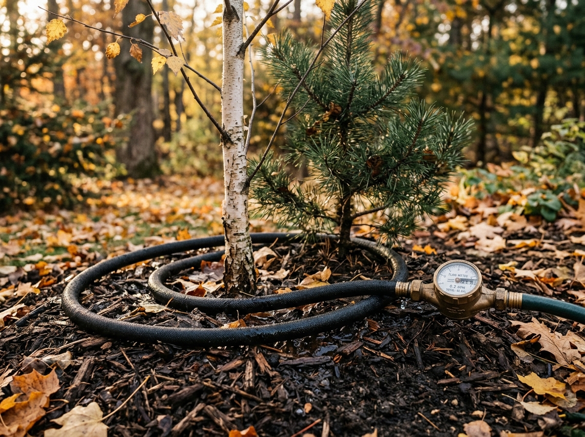 Soaker hose coiled around the drip line of a young birch and pine tree on mulch with water meter