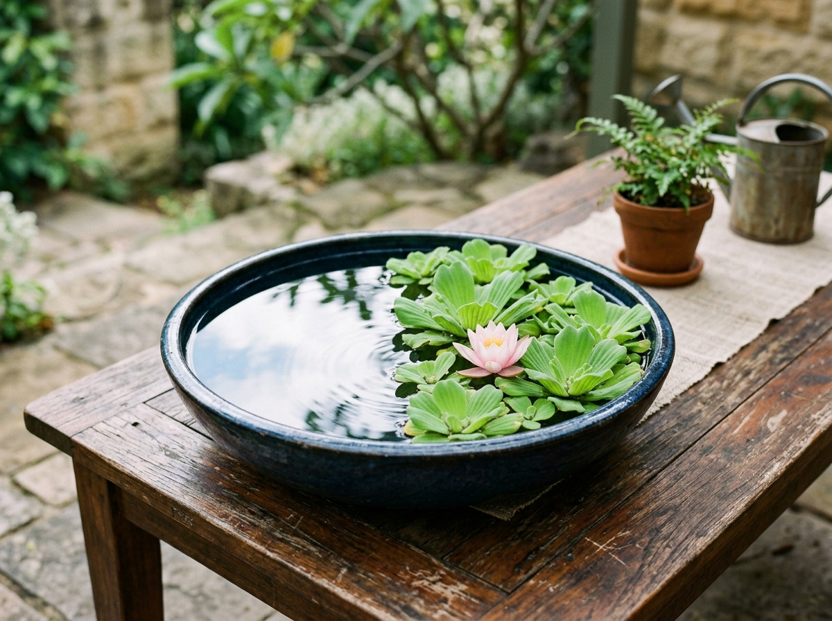 Japanese zen mini water garden in glazed navy ceramic basin with blooming water lily and water lettuce