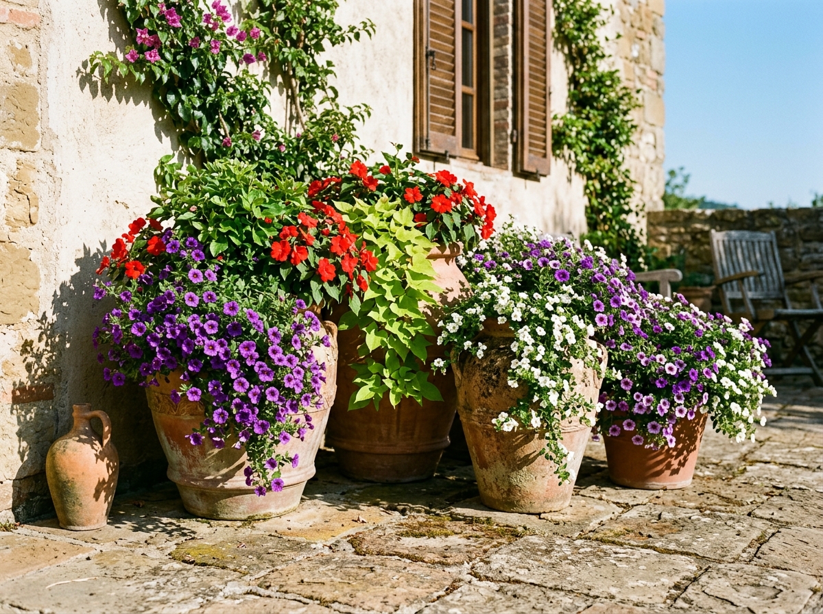Sun-soaked flagstone patio with cluster of weathered terracotta pots filled with calibrachoa, sunpatiens, and sweet potato vine