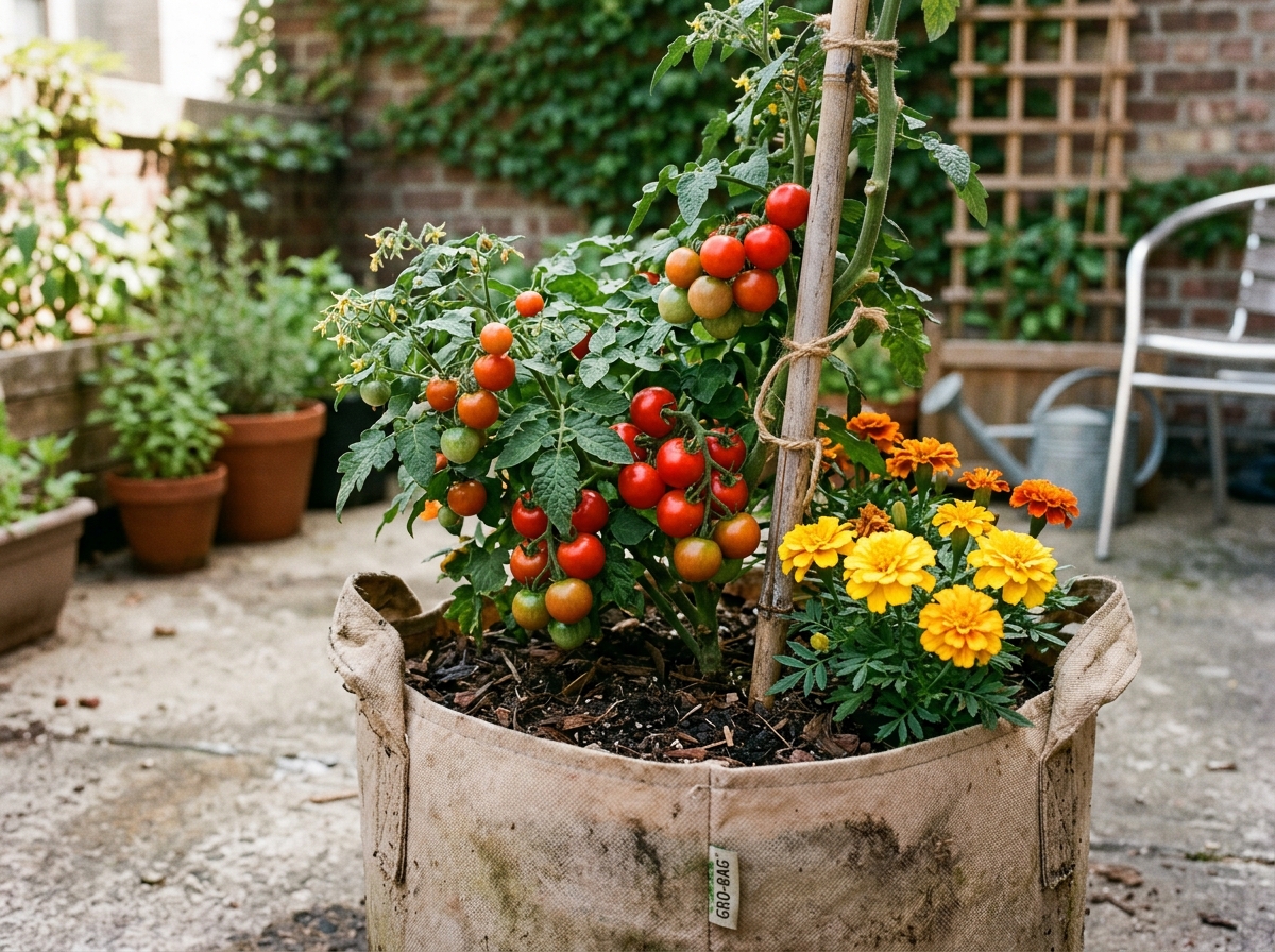 Dwarf bush cherry tomato plant heavy with red tomatoes in breathable fabric grow bag with marigolds