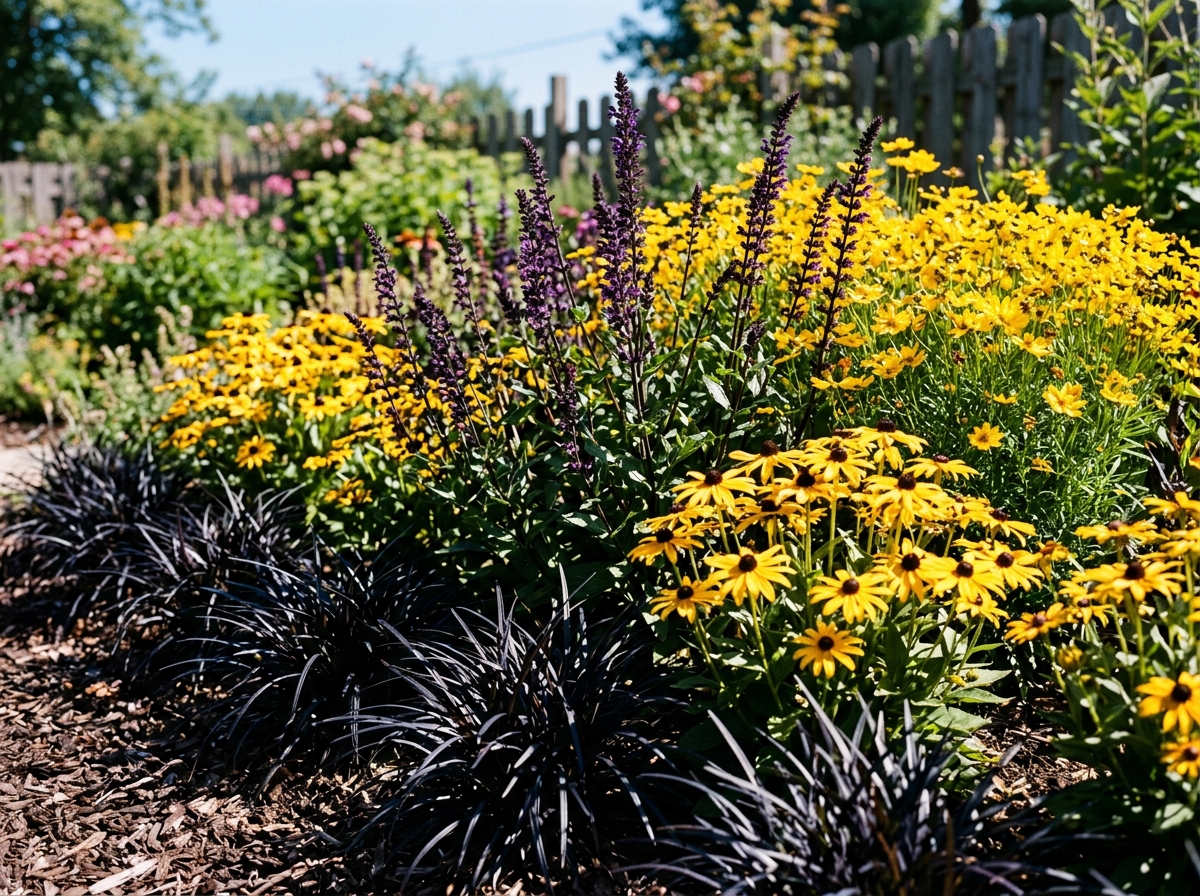 Dramatic high contrast sun border with black mondo grass, purple salvia caradonna, golden rudbeckia goldsturm, and coreopsis