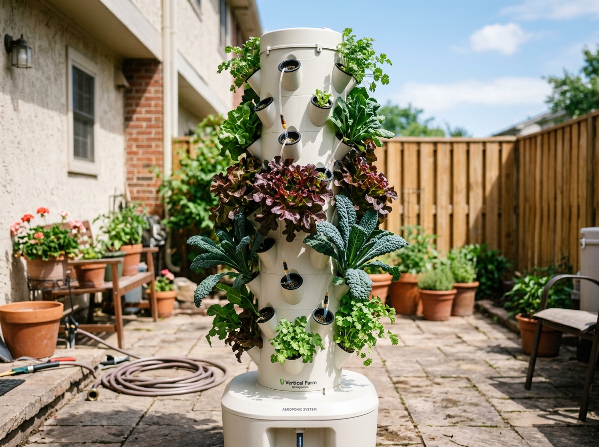 Modern vertical aeroponic garden tower column on townhouse patio with 24 planting ports growing kale, lettuce, and cilantro