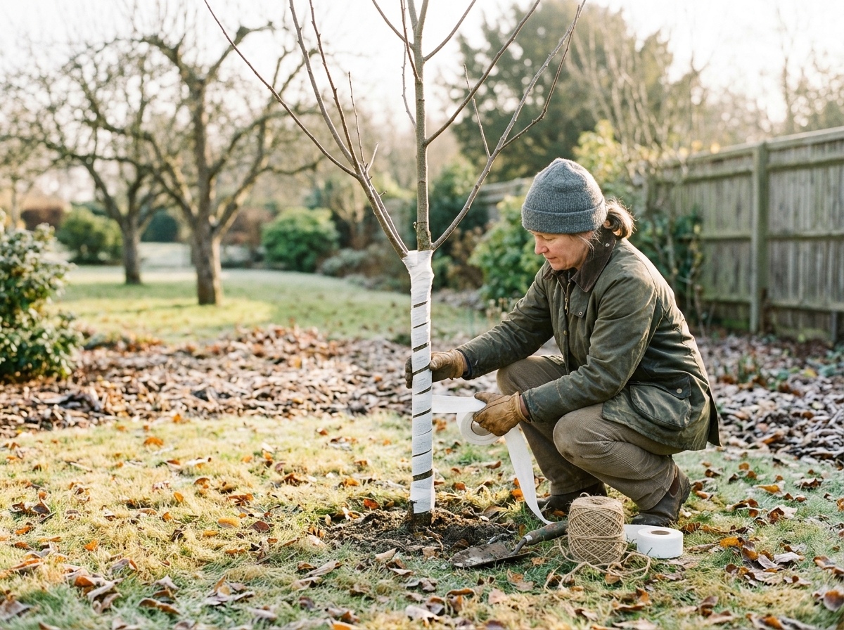 Gardener wrapping white breathable tree guard wrap around the lower trunk of a young fruit tree