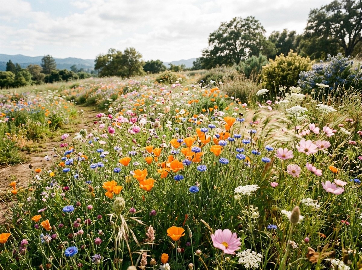 Sweeping naturalized wildflower meadow in full sun with orange California poppies, blue cornflowers, pink cosmos, and clover