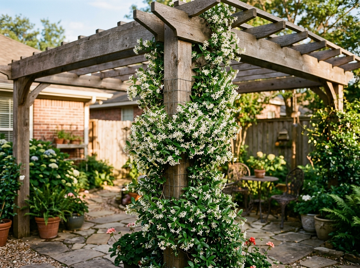 Cedar pergola corner pillar smothered in climbing star jasmine with white starry flowers and dark green foliage on flagstone patio