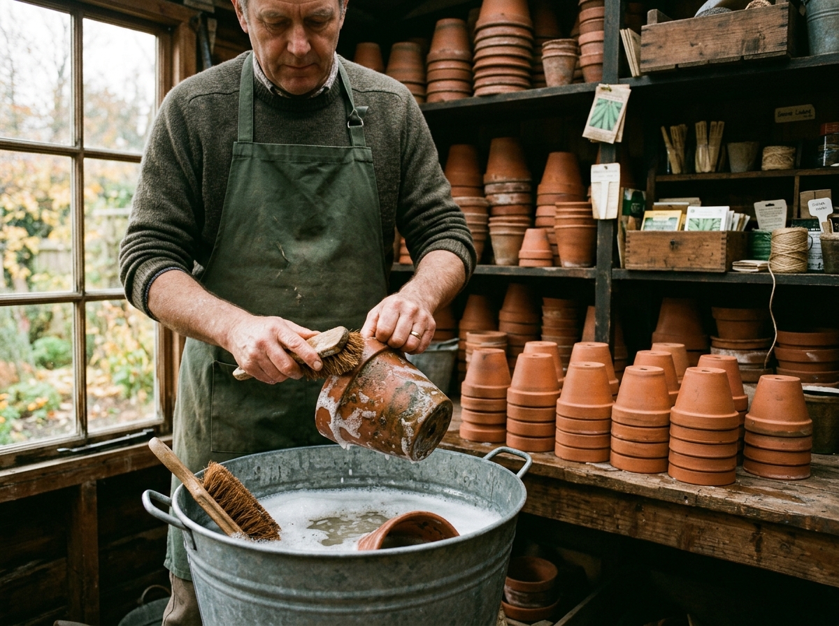 Terracotta pots being scrubbed with a stiff brush in soapy water and stacked neatly on wooden shed shelves