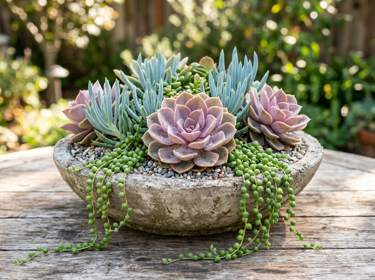 Sculptural round stone dish garden filled with colorful echeveria rosettes and trailing string of pearls