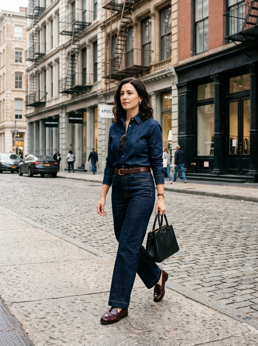 Soho New York street style in tailored dark indigo raw denim button-down shirt and matching wide-leg trouser jeans with loafers