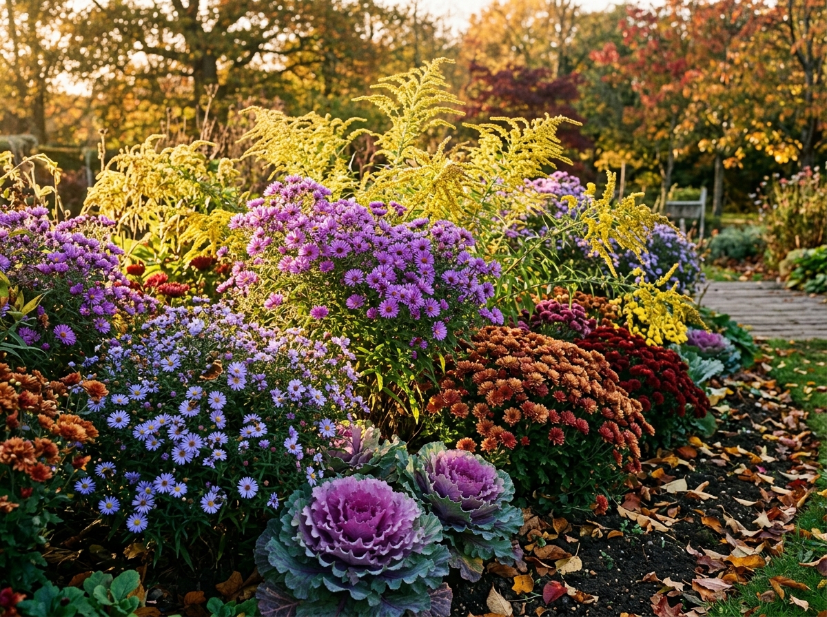 Autumn revival full sun flower border with purple New England asters, bronze hardy chrysanthemums, yellow goldenrod, and kale