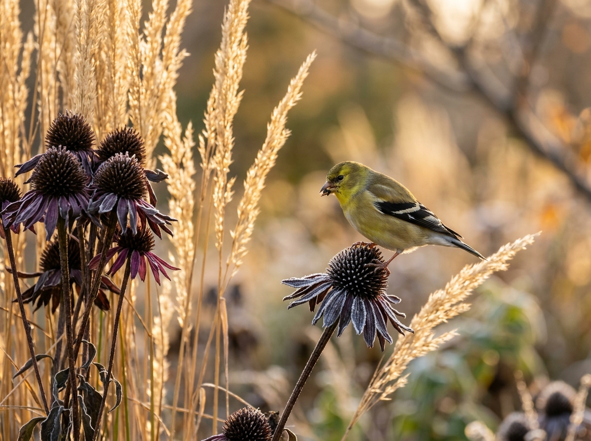 American Goldfinch perched on dark frosted coneflower seed heads with ornamental grass plumes in morning light