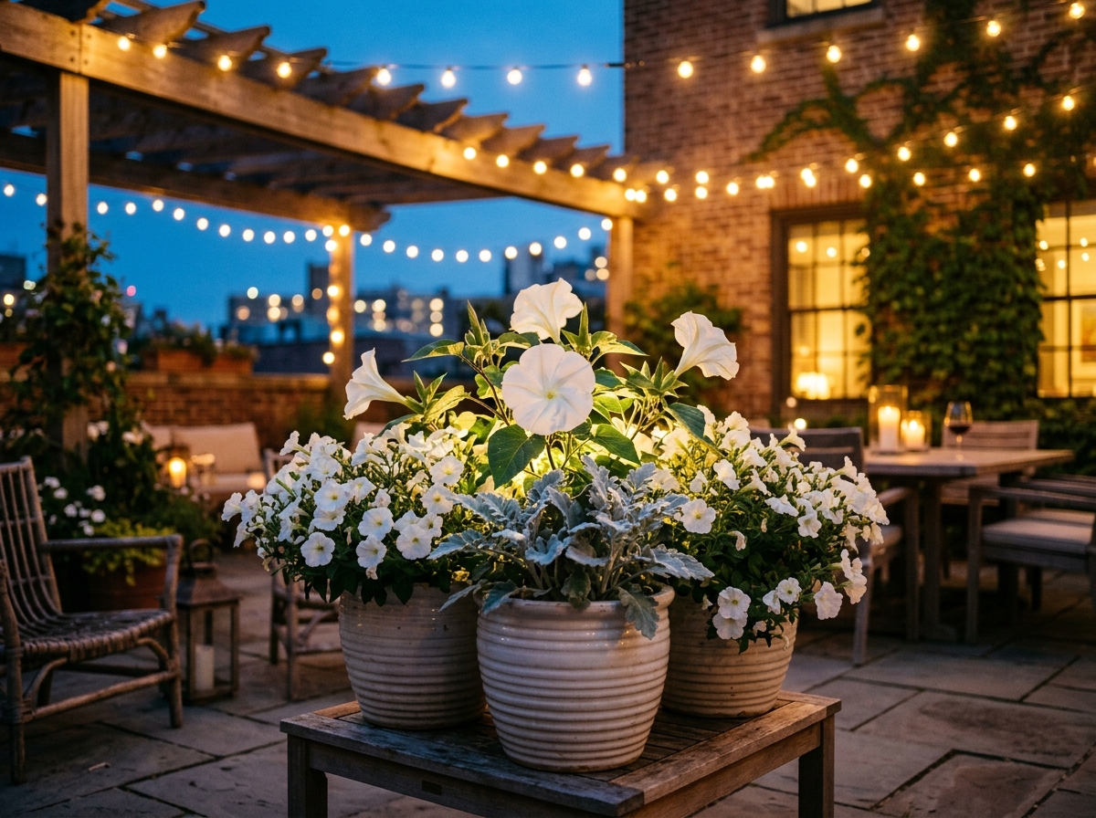 Night-blooming moon garden with white moonflowers and petunias under glowing warm patio string lights