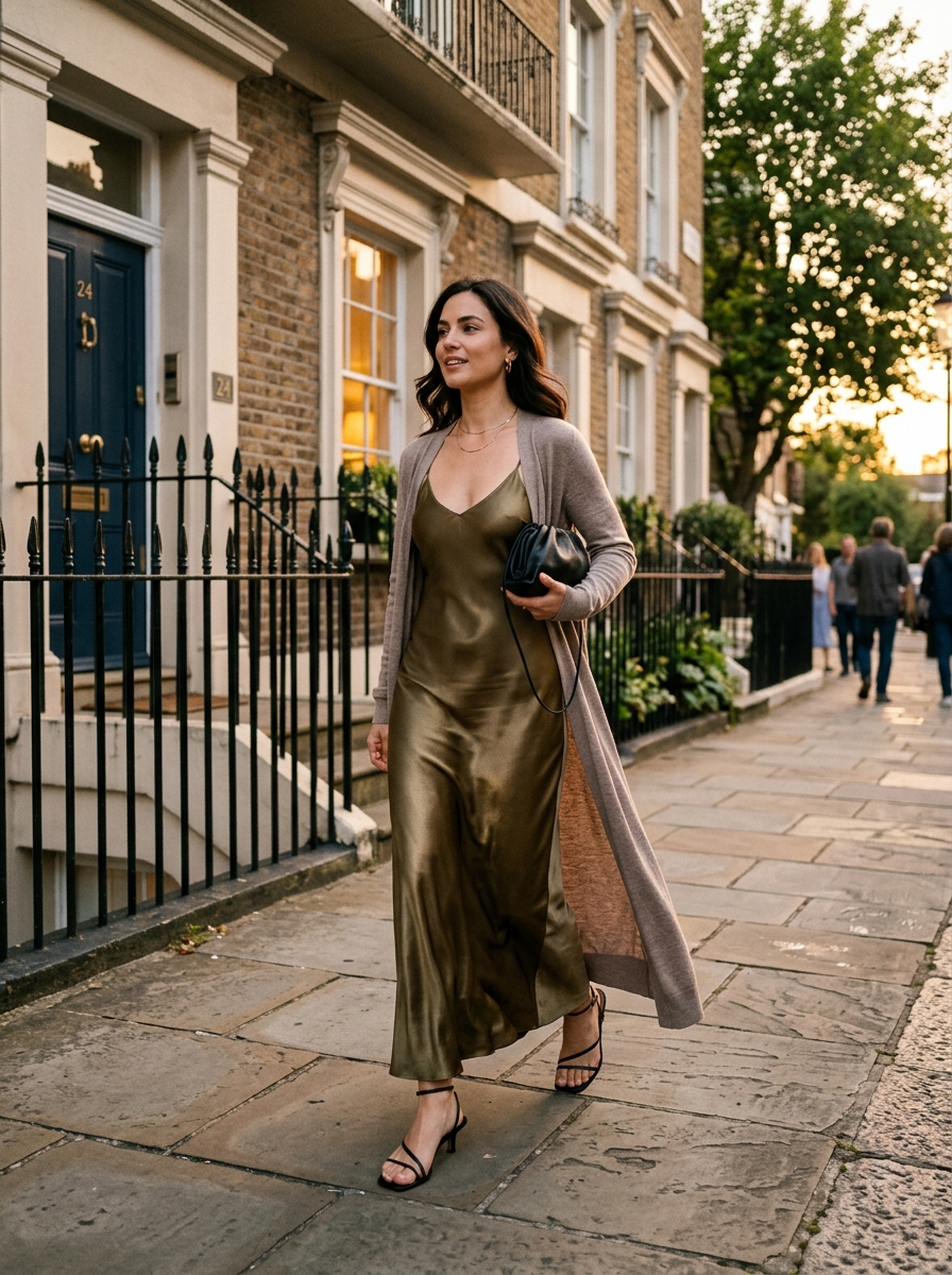 London golden hour outfit in olive bronze silk slip maxi dress, heather taupe duster cardigan, and minimalist strappy heels
