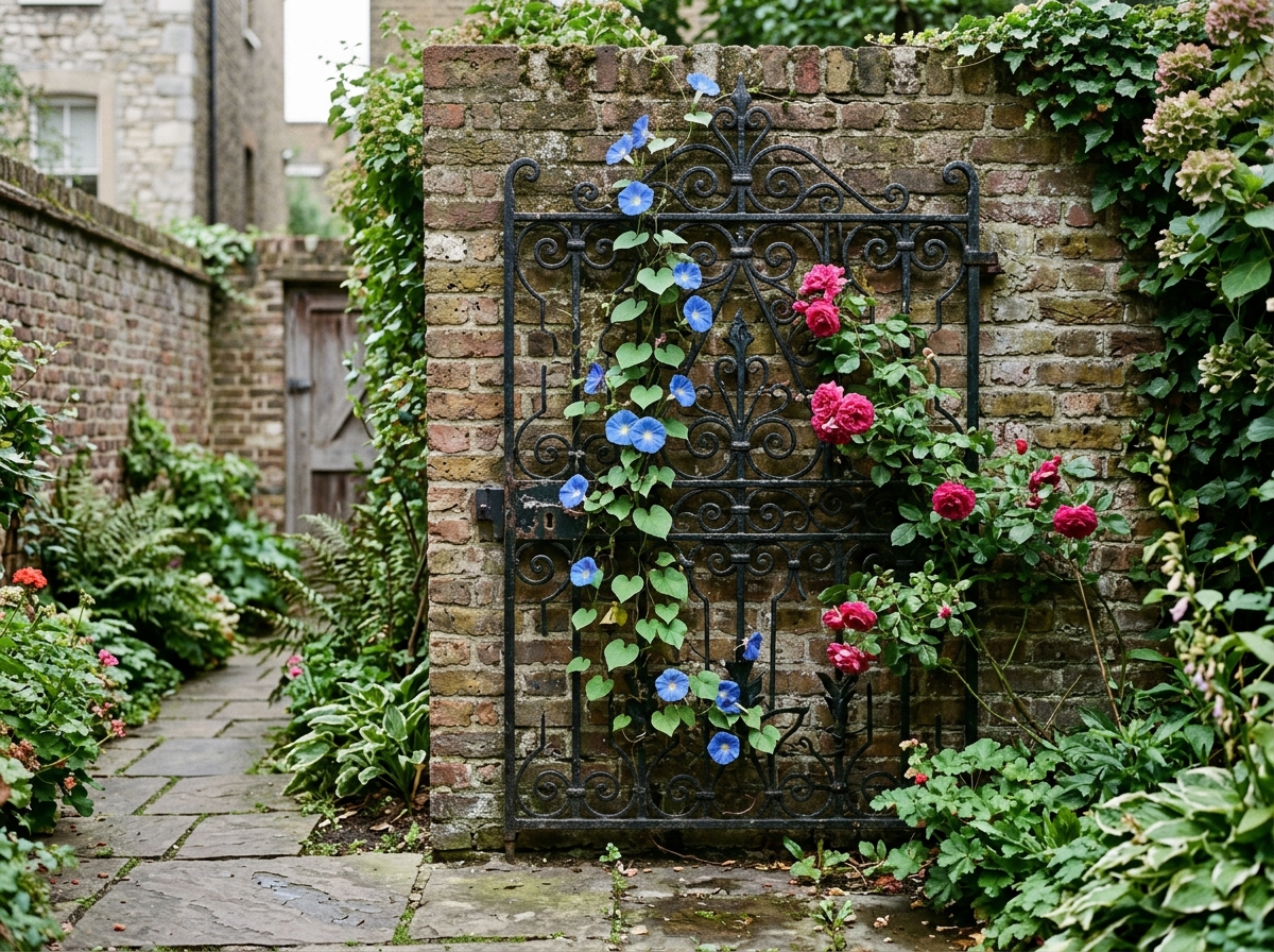 Antique Victorian black wrought iron garden gate mounted flat on brick wall with climbing blue morning glories and pink roses