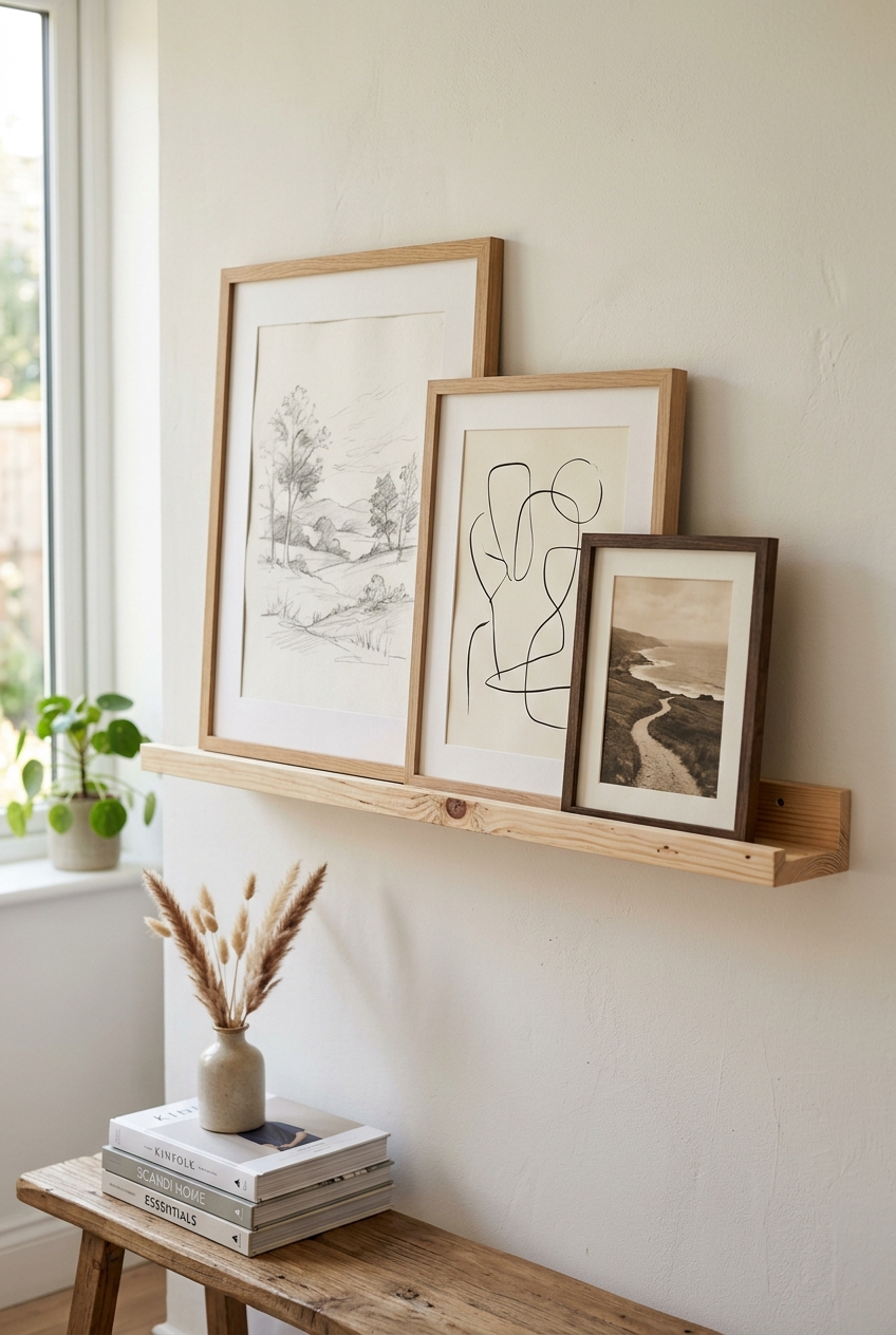 Slim natural pine wood DIY picture ledge floating shelf mounted horizontally displaying three layered framed art prints