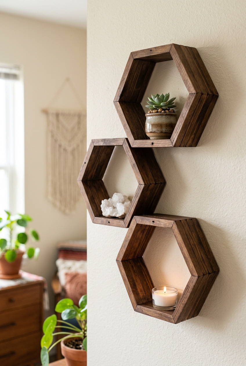 Cluster of three geometric hexagonal honeycomb mini shelves made from wooden craft sticks stained in rich dark walnut
