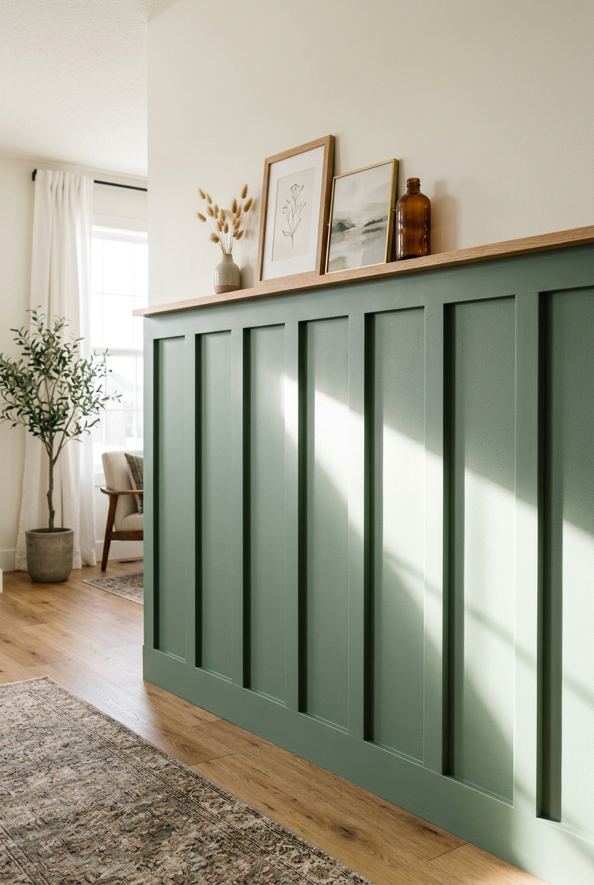 Modern DIY half-wall board and batten accent panel painted in rich sage green topped with a slim wooden picture cap