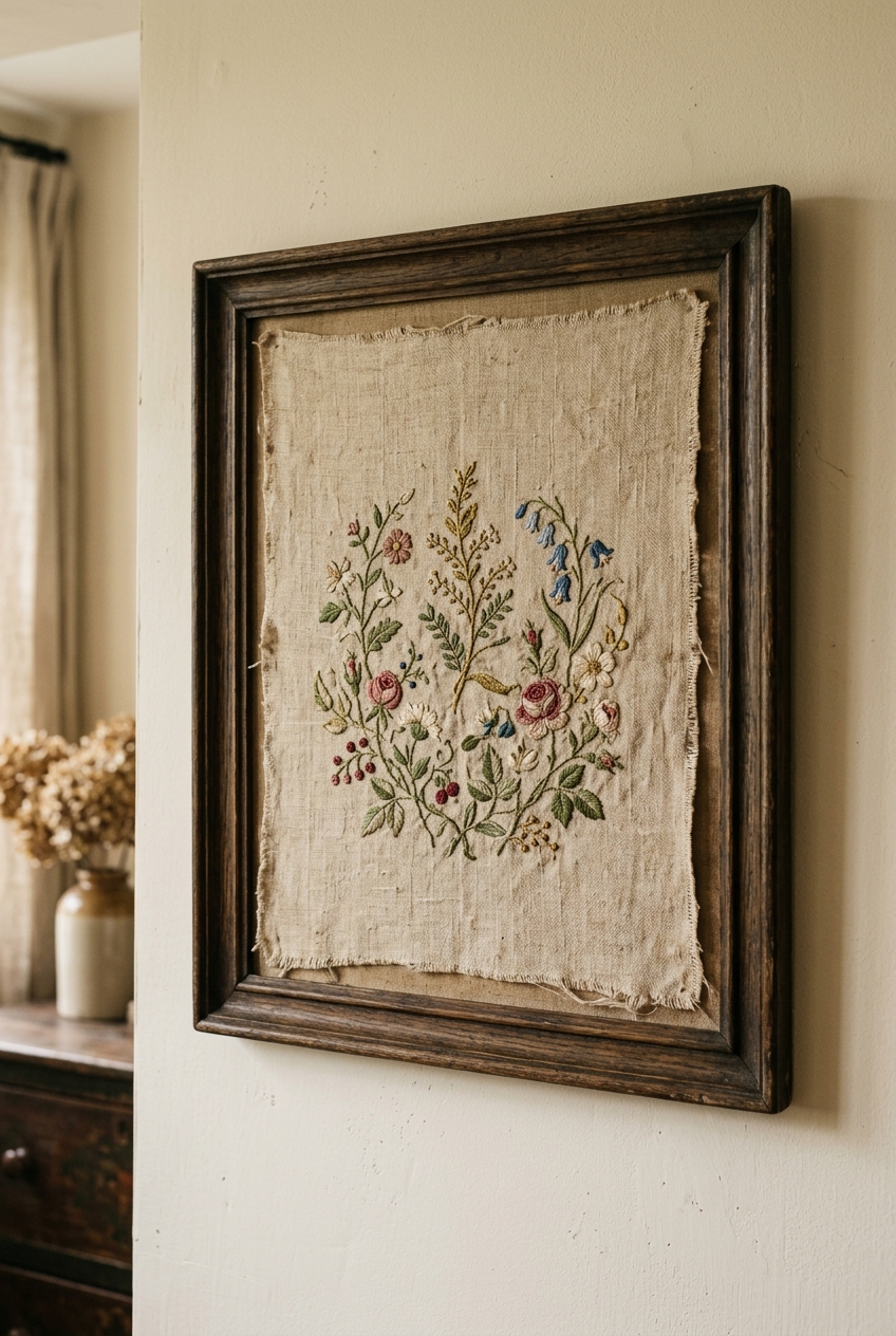 Framed vintage French botanical embroidered linen fabric remnant stretched inside a classic dark oak picture frame without glass