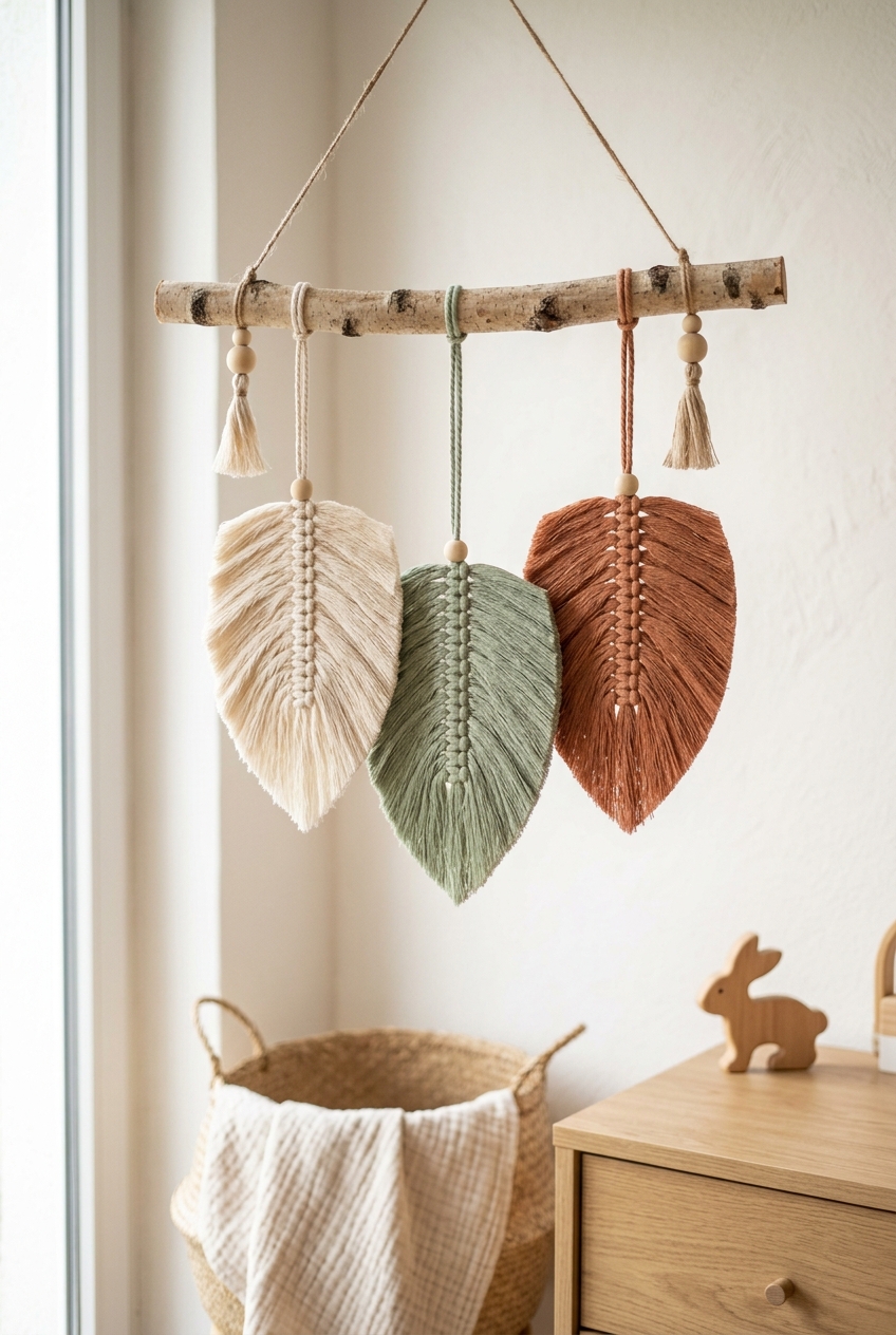 Bohemian DIY macramรฉ feather wall mobile hanging from a natural birch branch with three brushed cotton leaves in ivory, sage, and terracotta