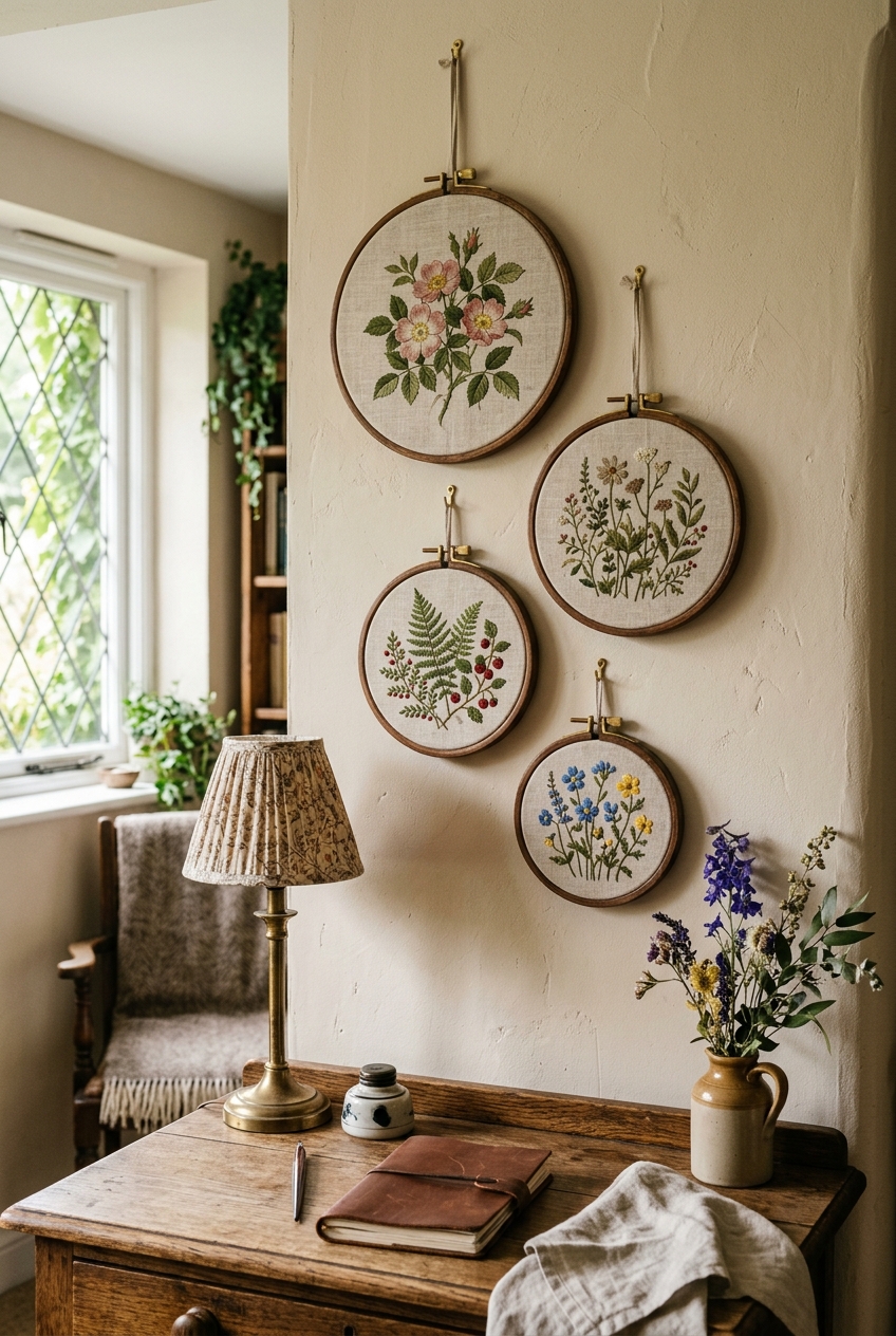 Cluster of four circular wooden embroidery hoops in graduated sizes framing vintage botanical floral linen fabric patterns
