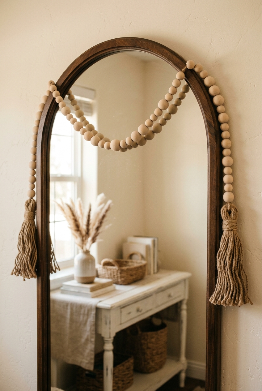 Rustic DIY natural wooden bead garland made from raw beech wood beads with two oversized chunky natural jute fringe tassels draped on an arch mirror