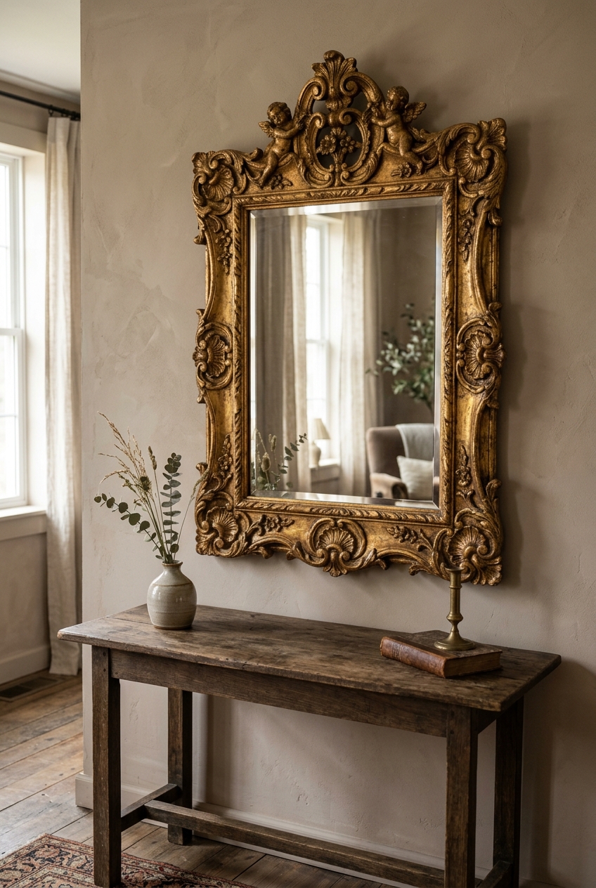 Thrifted vintage ornate baroque carved wall mirror frame transformed with warm antique gold leaf wax finish above a dark wood console