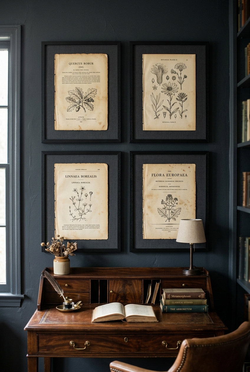 Curated gallery wall of four framed authentic vintage yellowed book pages featuring classical typography floating over charcoal matting