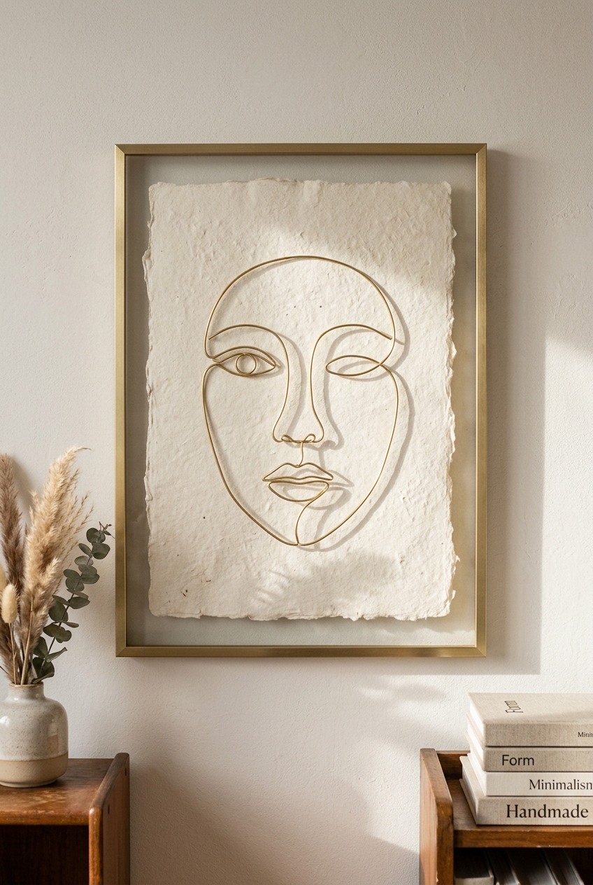 Minimalist single-line contour face silhouette sculpted from slender warm brass crafting wire mounted on deckled cotton paper in brass frame