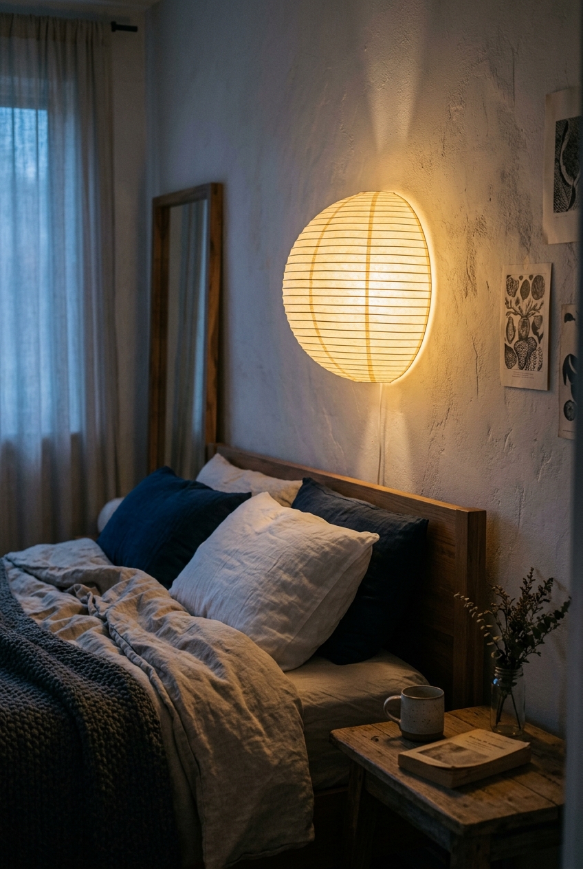 DIY Japanese rice paper half-globe wall sconce mounted flush against bedroom wall emitting warm diffused golden glow from cordless puck light