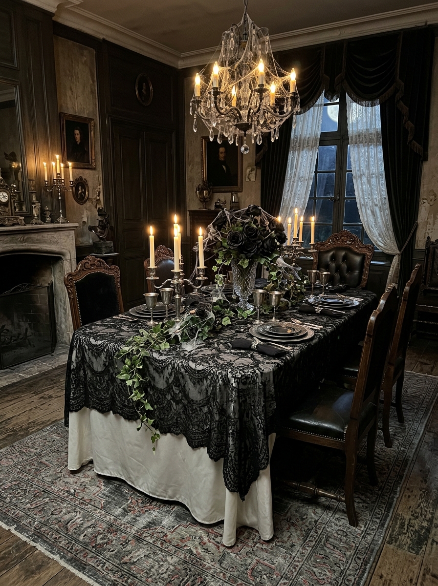 Gothic Elegance with Black Lace - halloween table settings