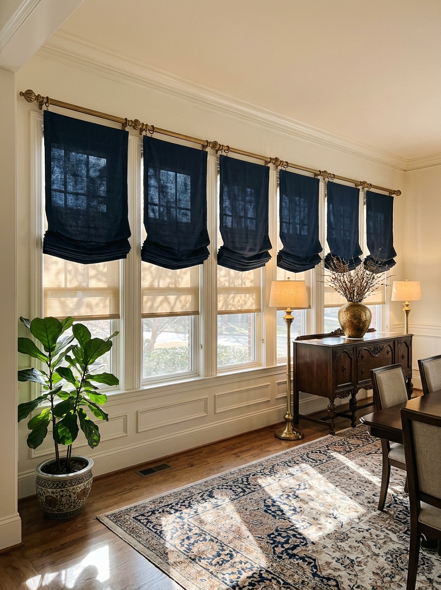 Layered Roman and Roller Shades for Depth