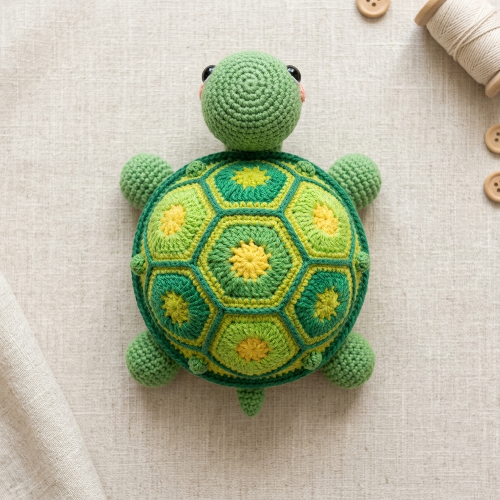 Crochet turtle flat lay