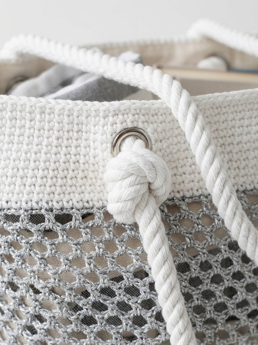 Close up detail of knotted rope handle on crochet beach bag