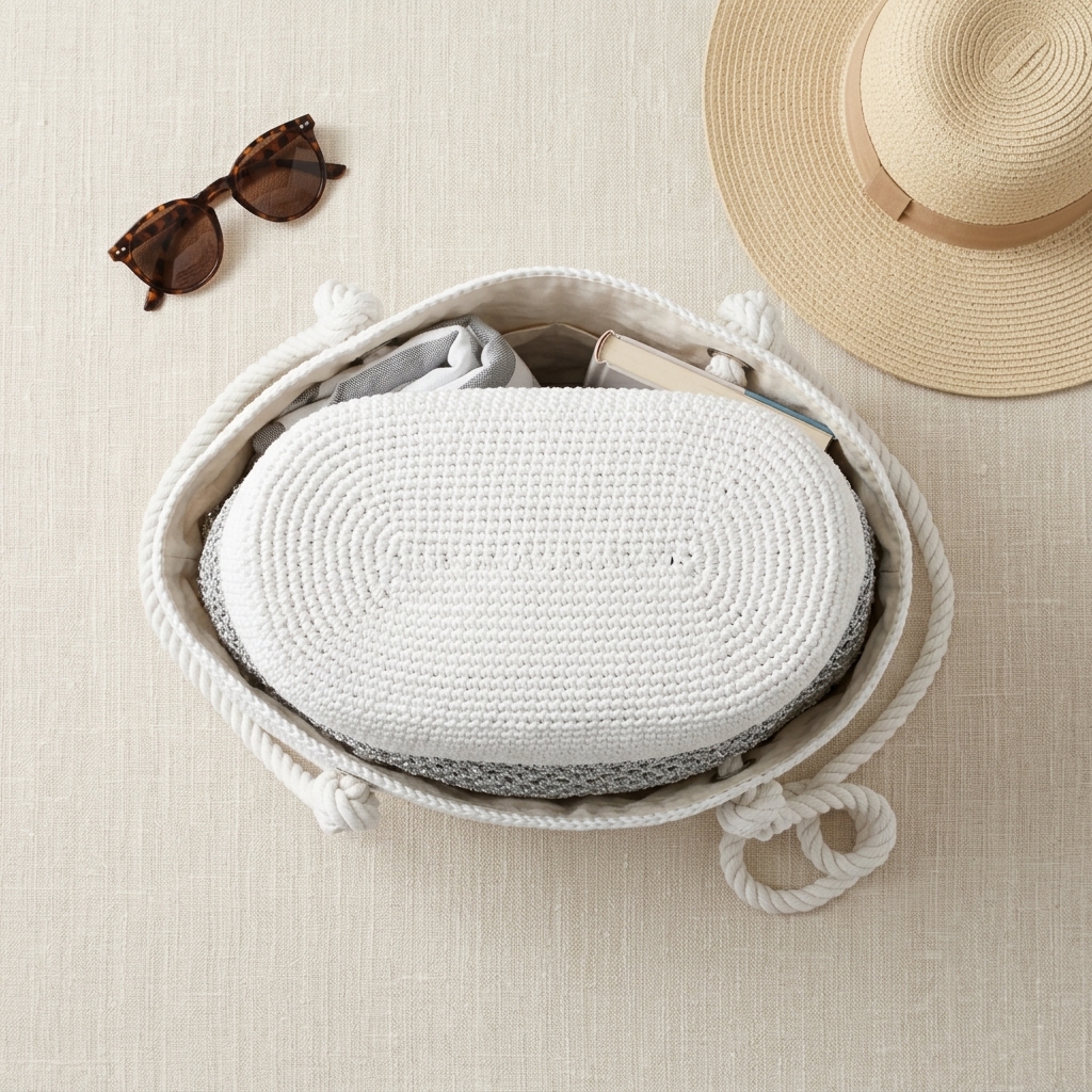 Flat lay of white and silver crochet beach tote bag with sunglasses and hat