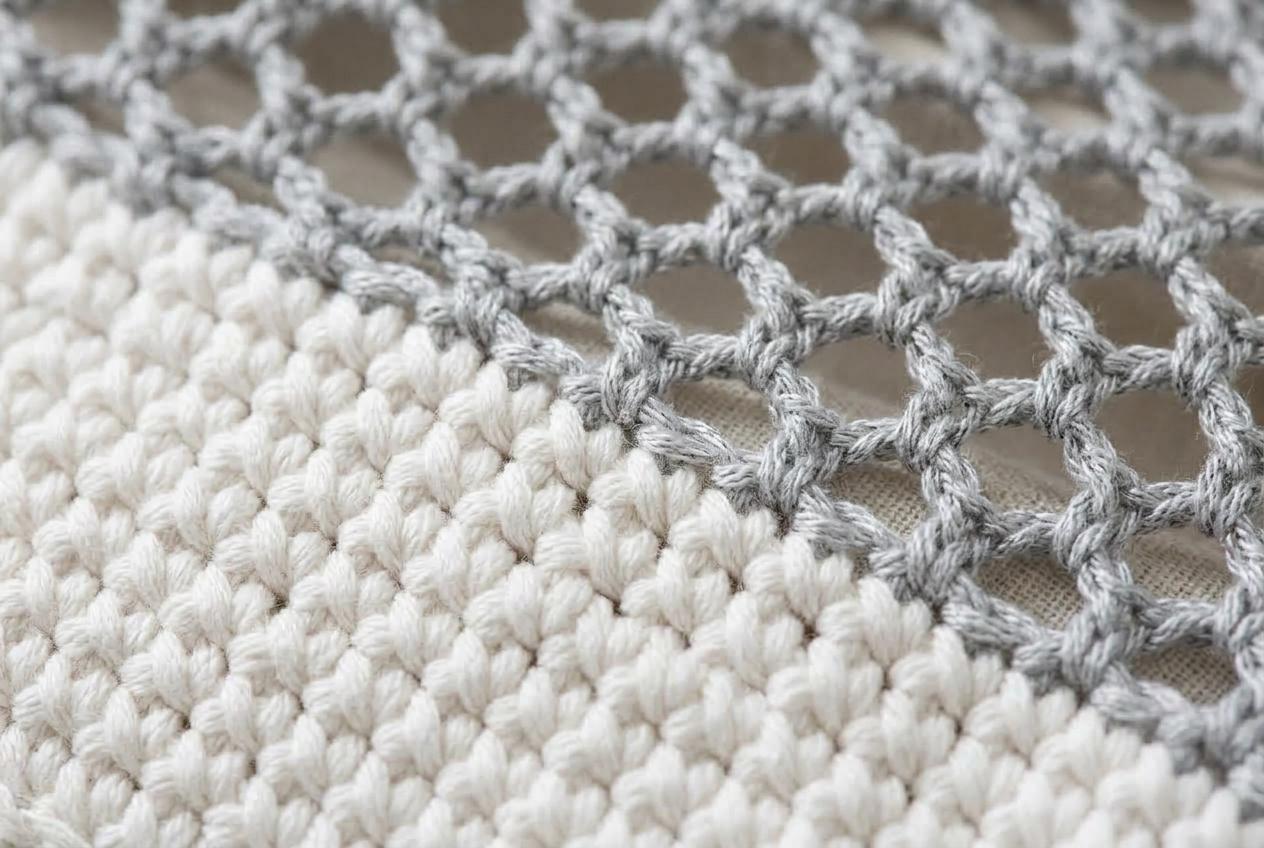 Macro texture shot of white single crochet and silver mesh crochet stitches