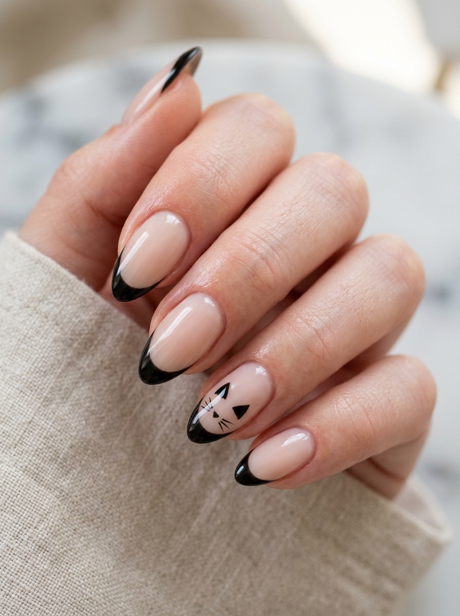 Black Cat Ears Almond French Tips - spooky black cat ghost nail art - nail art ideas